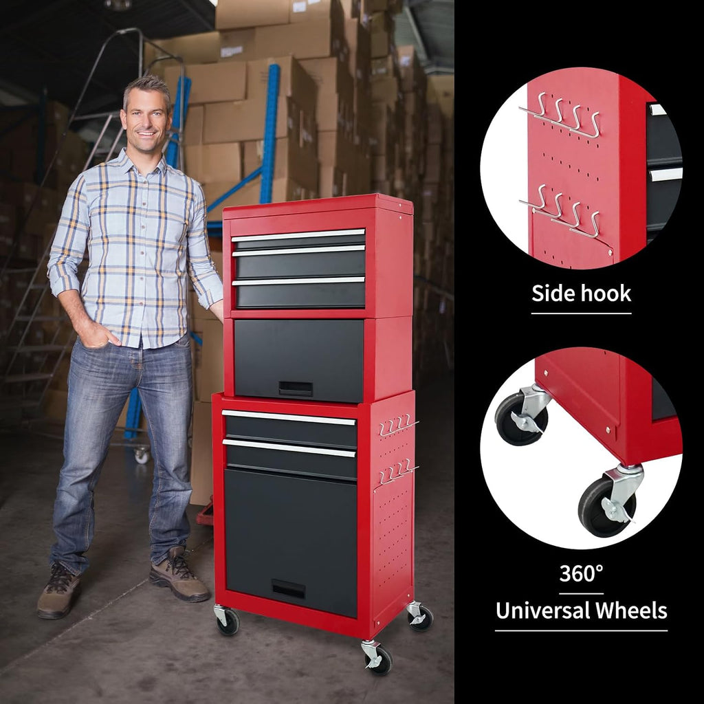 5-drawer rolling tool chest, high capacity metal tool showing dimensions
