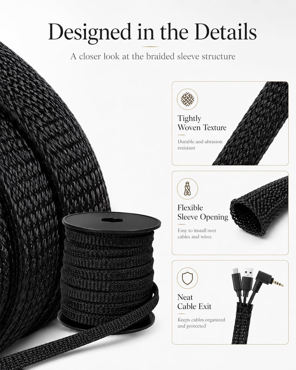 300 Feet - 1/4,1/2,3/8 Inch Braided Wire Loom PET Cable Loom Expandable Braided Sleeving Wire Sleeve for Automotive，TV, Computer, Home Theater, Black