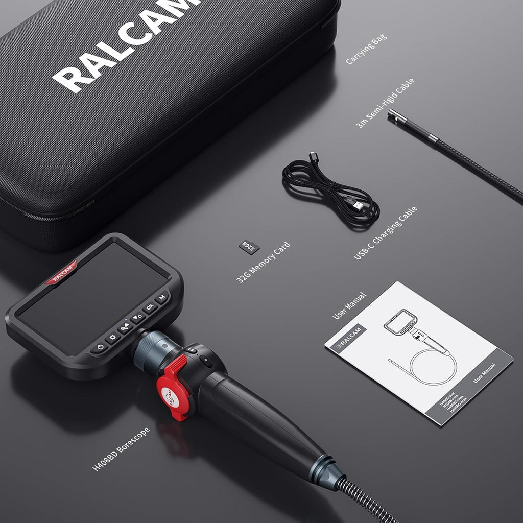 ralcam dual lens articulating borescope camera with light, front angle view
