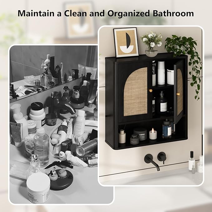 RUSTOWN Rattan Bathroom Wall Cabinet, Over The Toilet Storage Cabinets