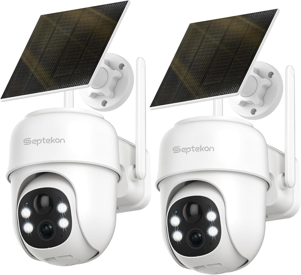 Septekon 360°PTZ Security Cameras Wireless Outdoor 2 Pack, 2K Solar Battery Powered Cameras, 2.4G WiFi Camera with Spotlight, Motion Detection, Siren, Color Night Vision, IP66, White