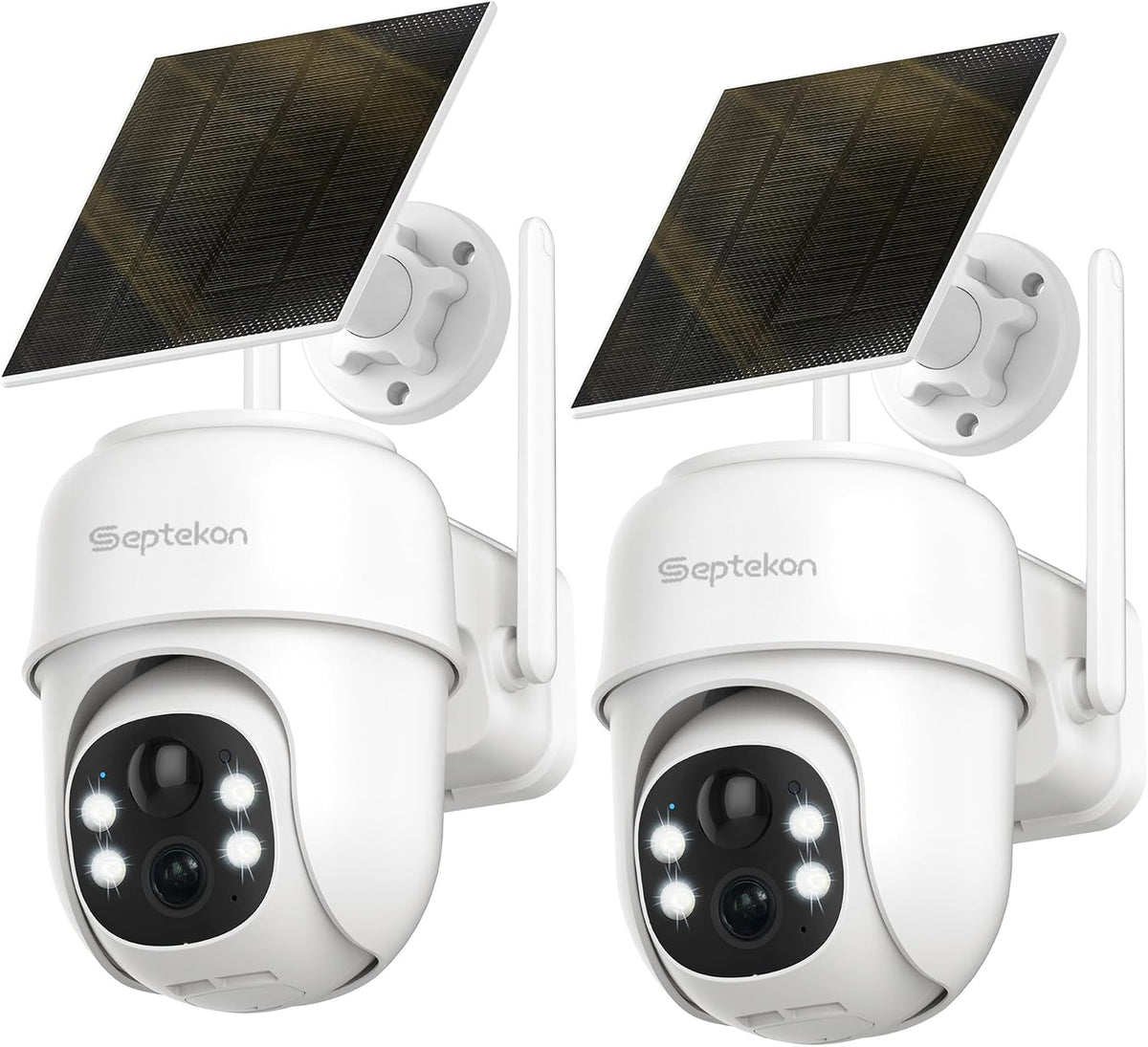 Septekon 360°PTZ Security Cameras Wireless Outdoor 2 Pack, 2K Solar Battery Powered Cameras, 2.4G WiFi Camera with Spotlight, Motion Detection, Siren, Color Night Vision, IP66, White
