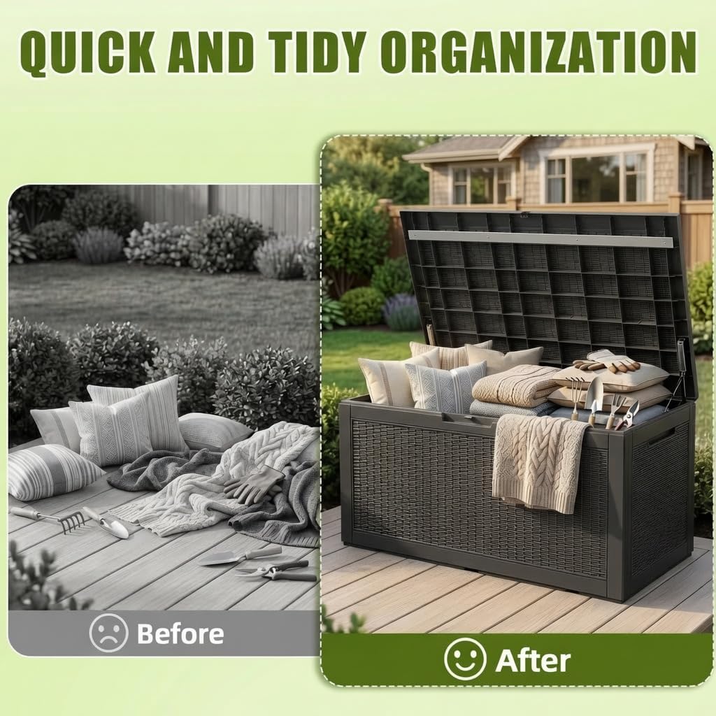rojik 160 gallon deck box, lockable waterproof resin shown in use