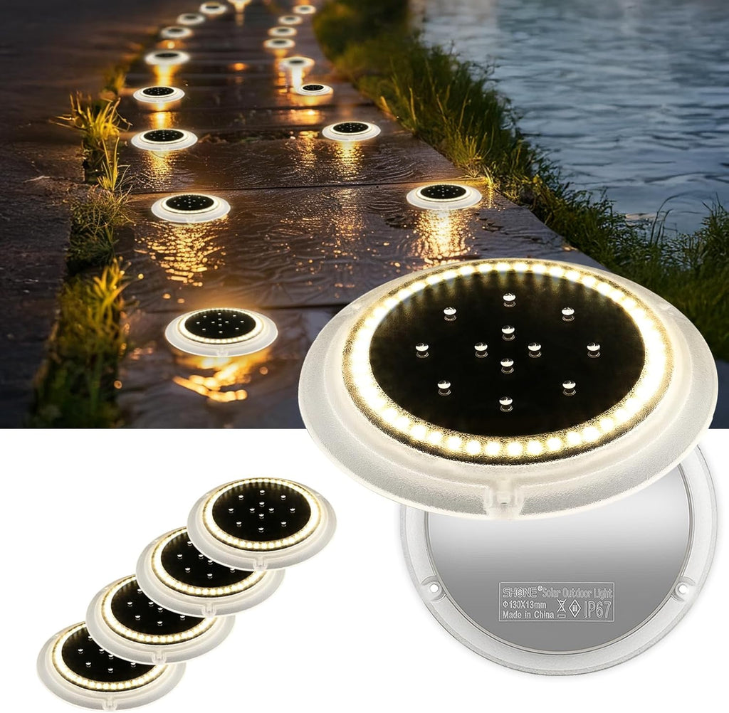 SHONE SHONELIGHTING Solar Ground Lights, 48 LEDs Deck Disc, Warm White, 6Pk
