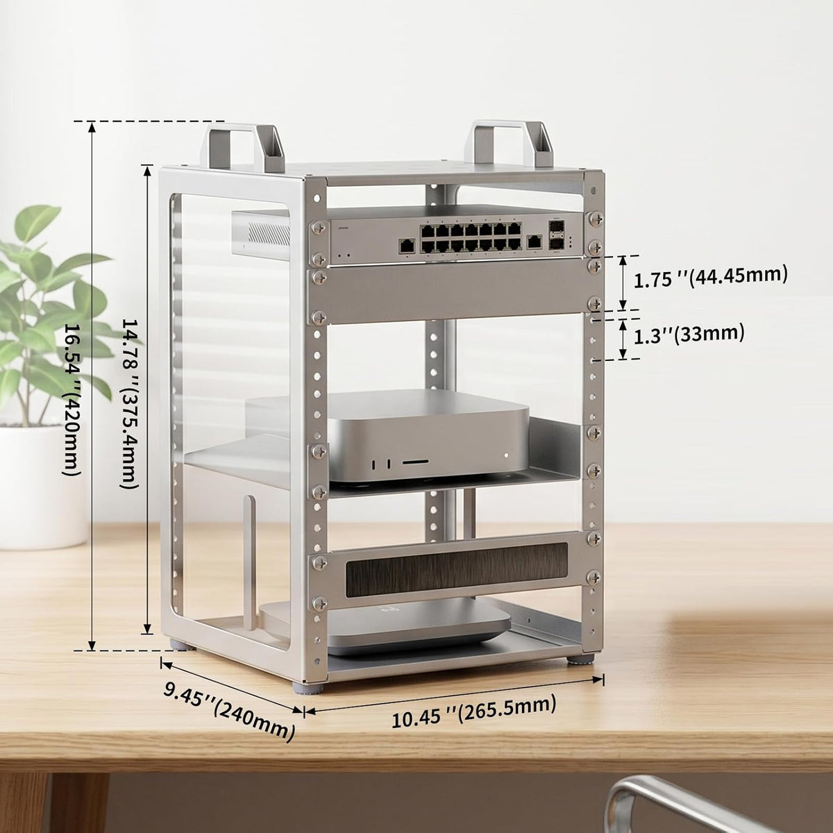 8u 10 inch network rack, 9.45 inch deep shown in use