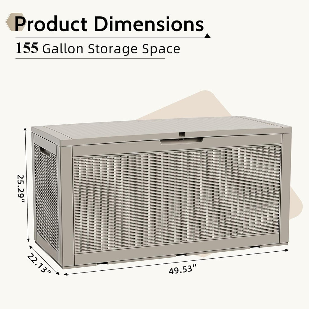 155gal outdoor storage box, lockable grey deck box, close-up detail