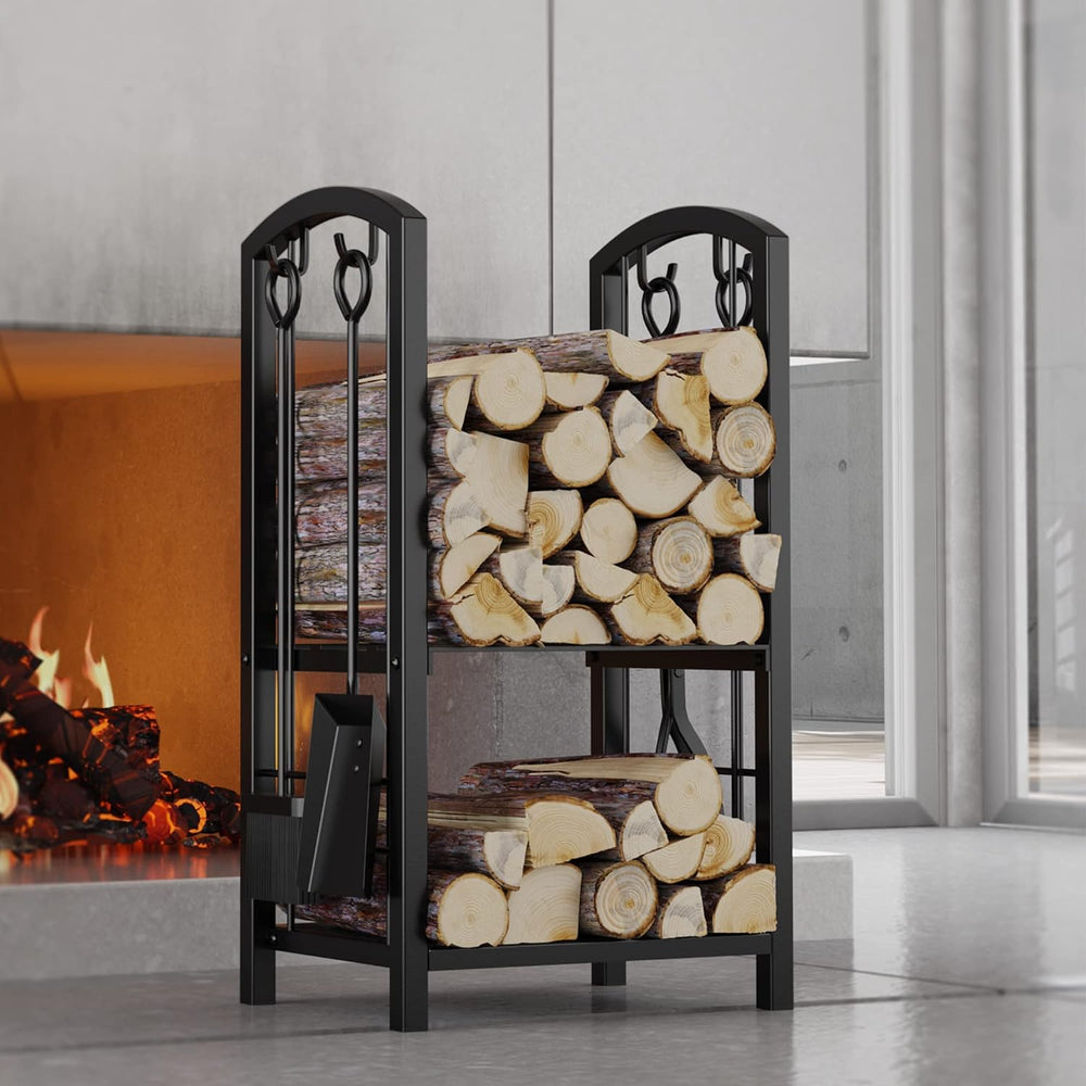 Fire Beauty Wrought Iron Firewood Log Rack with 4 Pcs Fireplace Tools Black