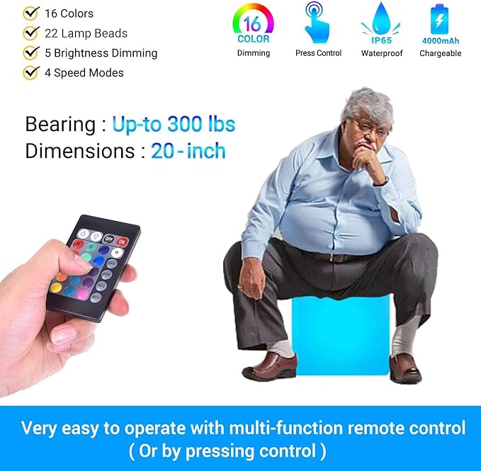 LOFTEK 20-inch LED Lighted Cube Table, Large Cube Chair Light, 16 RGB Colors
