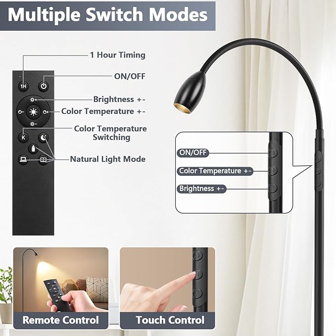 Reading Floor Lamp, Dimmable Zoomable Spotlight, Adjustable Color Beam Standing