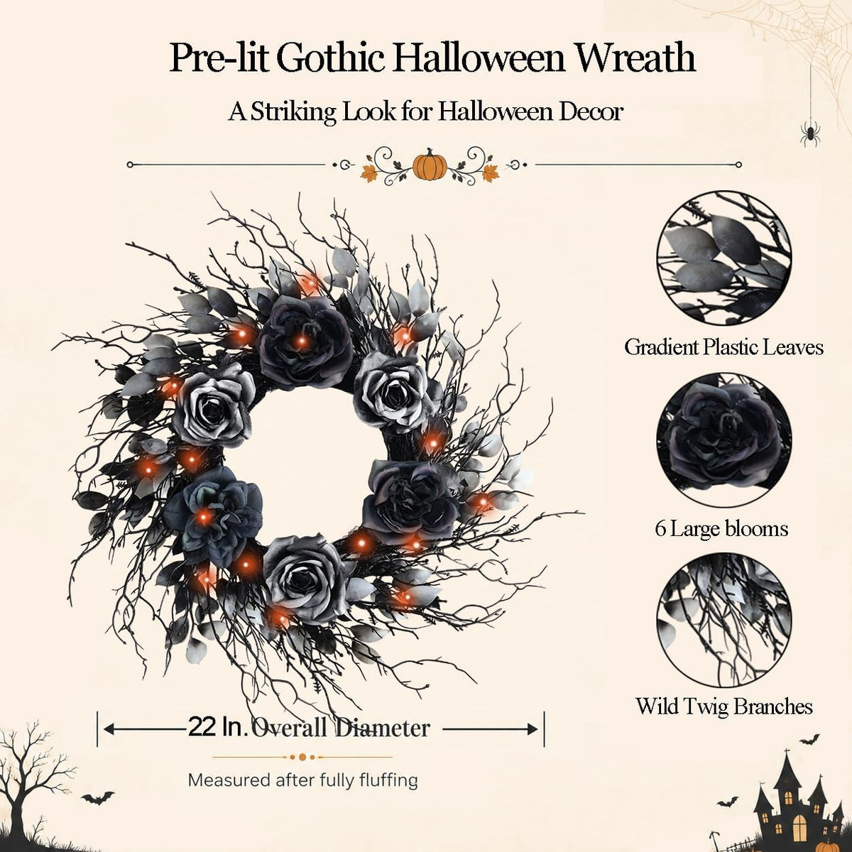 22 Inch Black and Silver Halloween Wreath with 40 Orange LEDs