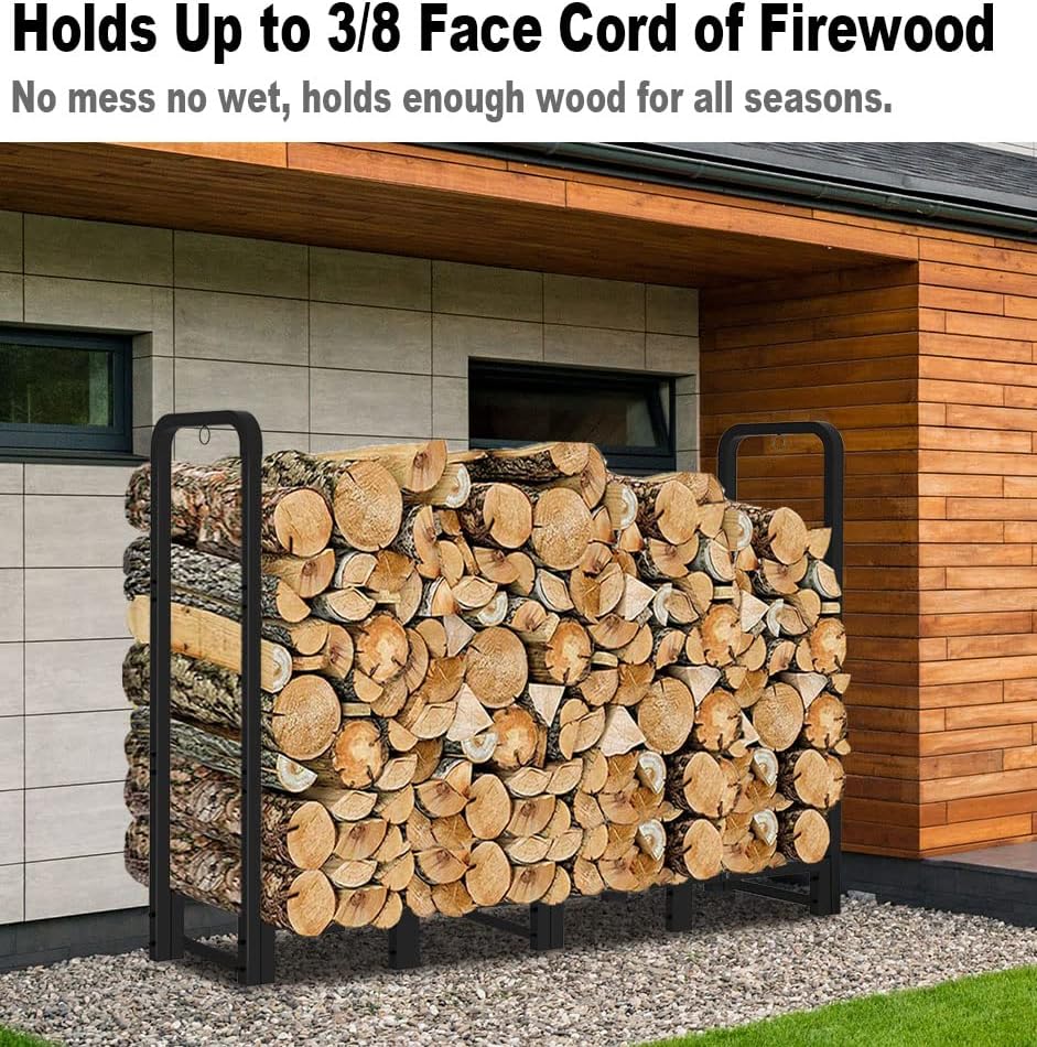 Firewood Rack Stand 6ft Heavy Duty Logs Carrier Holder for Outdoor Indoor Fireplace, Matte Black