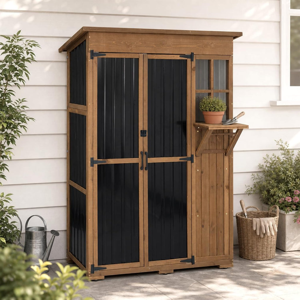 Outdoor Storage Cabinet, 51.4" W x 22.5" D x 70.5" H Tall Wood & Metal Garden Tool Shed with Fold-Out Table, 3 Fixed Shelves, Lockable Doors, Asphalt Roof for Patio, Backyard, Garage