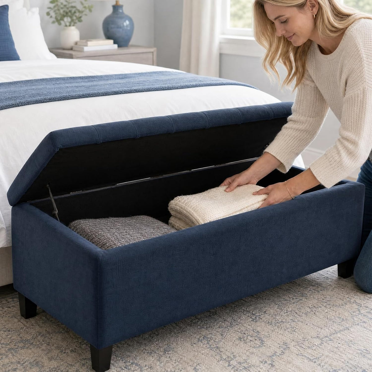 madison park 49" upholstered storage bench, button tufted, package contents