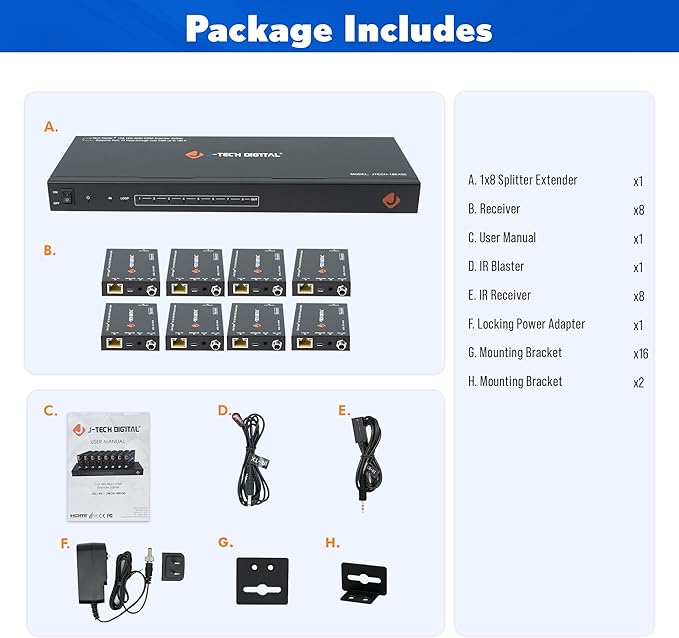 J-Tech Digital HDMI 2.0 4K Extender Splitter Over Single Cable CAT6