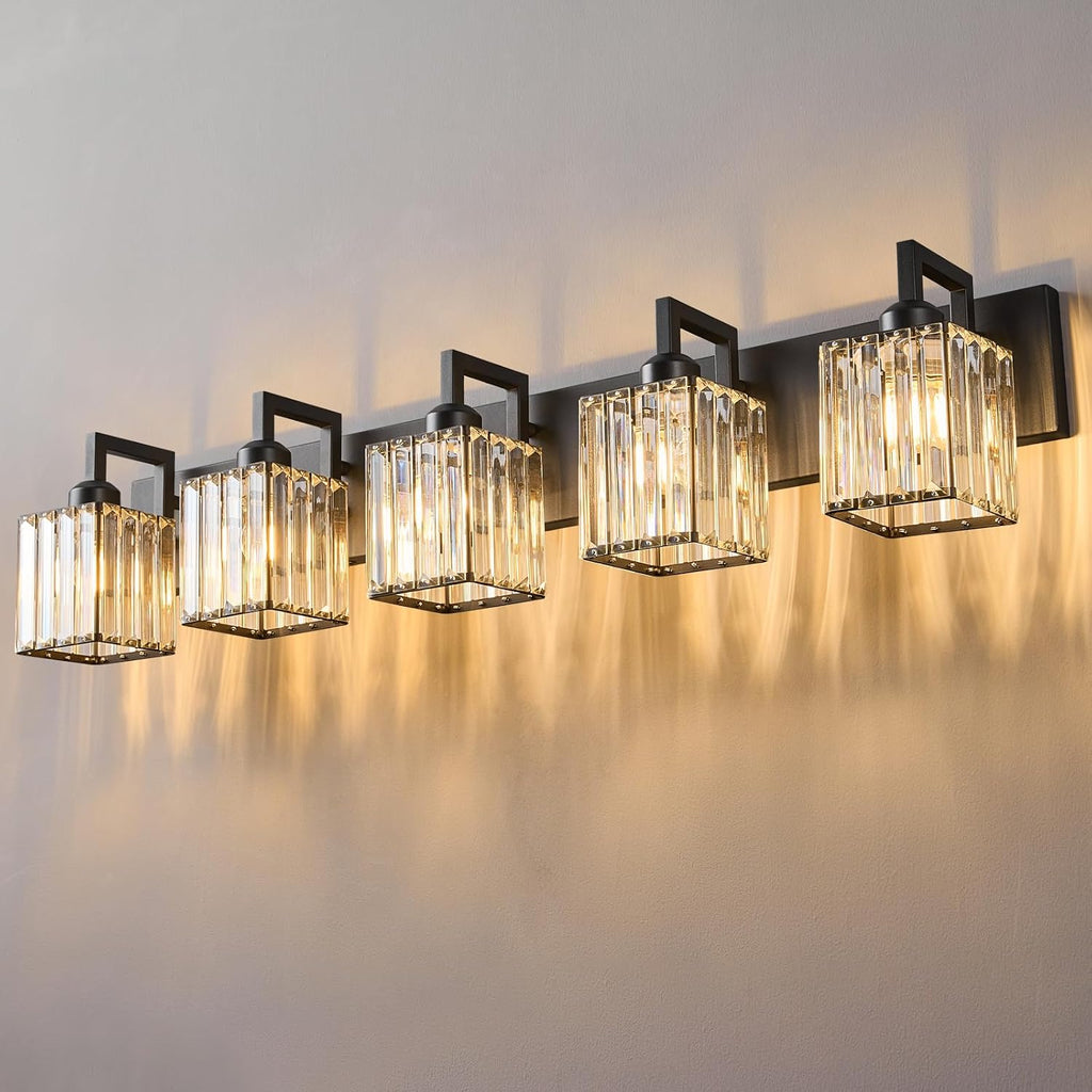 FDPBY Black Bathroom Light Fixture, 5-Light Crystal Vanity Lighting, Bathroom