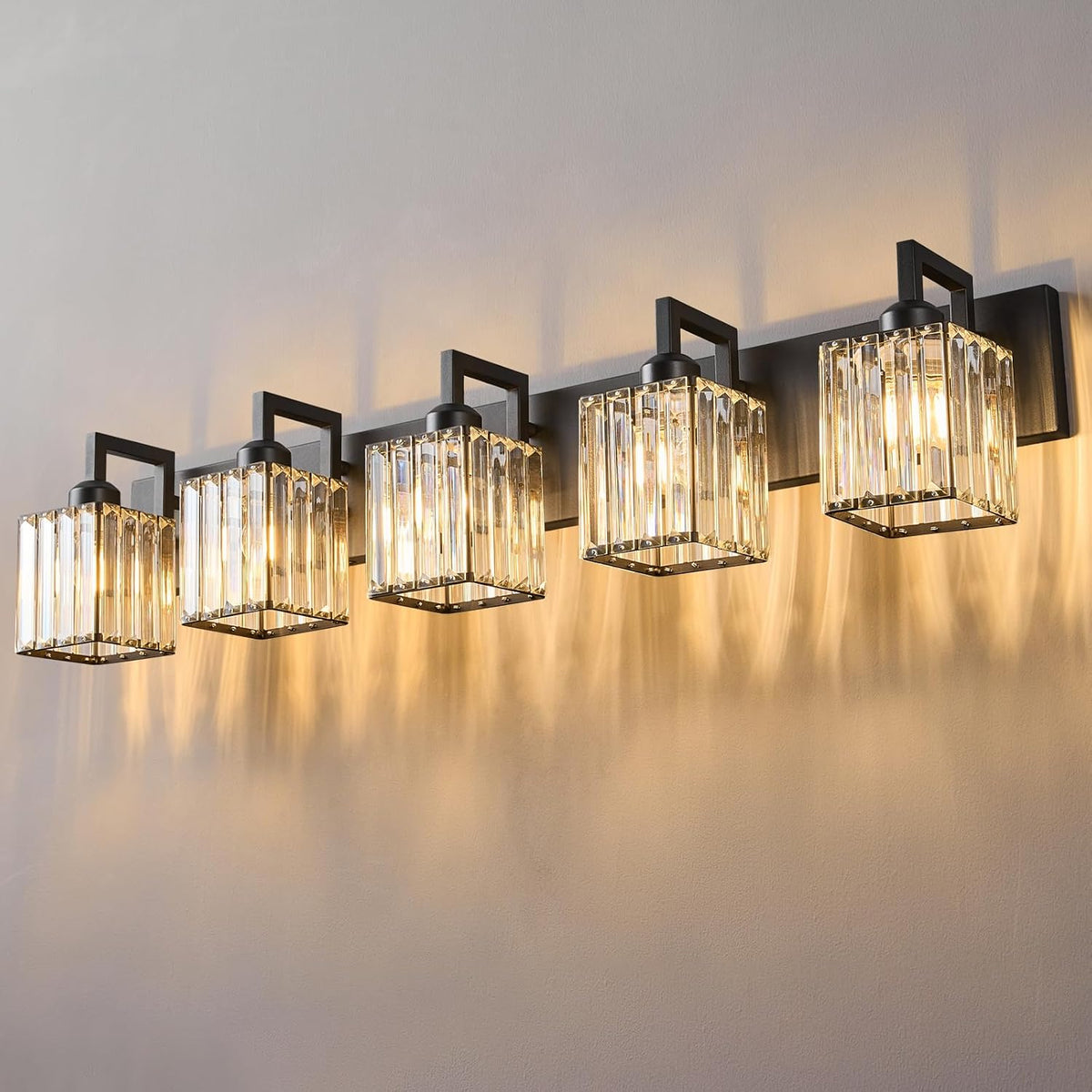 FDPBY Black Bathroom Light Fixture, 5-Light Crystal Vanity Lighting, Bathroom