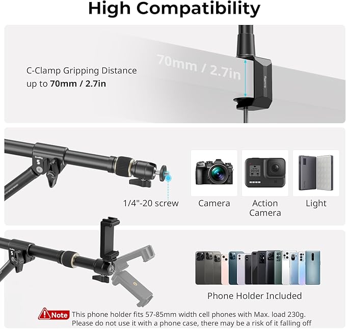 SMALLRIG Triangle Camera Desk Mount, Max. Load 3kg/ 6.6lbs, Overhead Mount