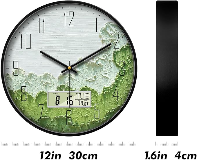 SCOAGE Modern Wall Clock with Temperature Green Forest Large Display