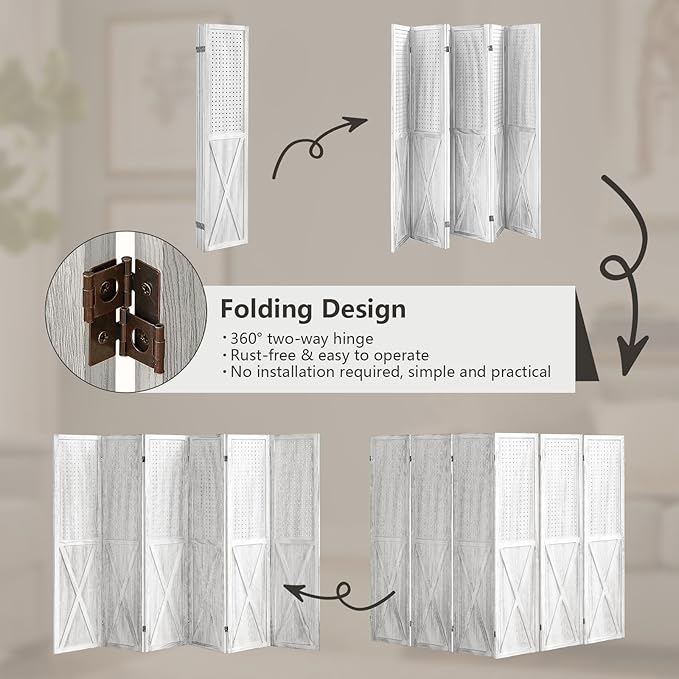 ALeesing 6 Panel Pegboard Room Divider, 5.6Ft Pegboard Display Folding Privacy