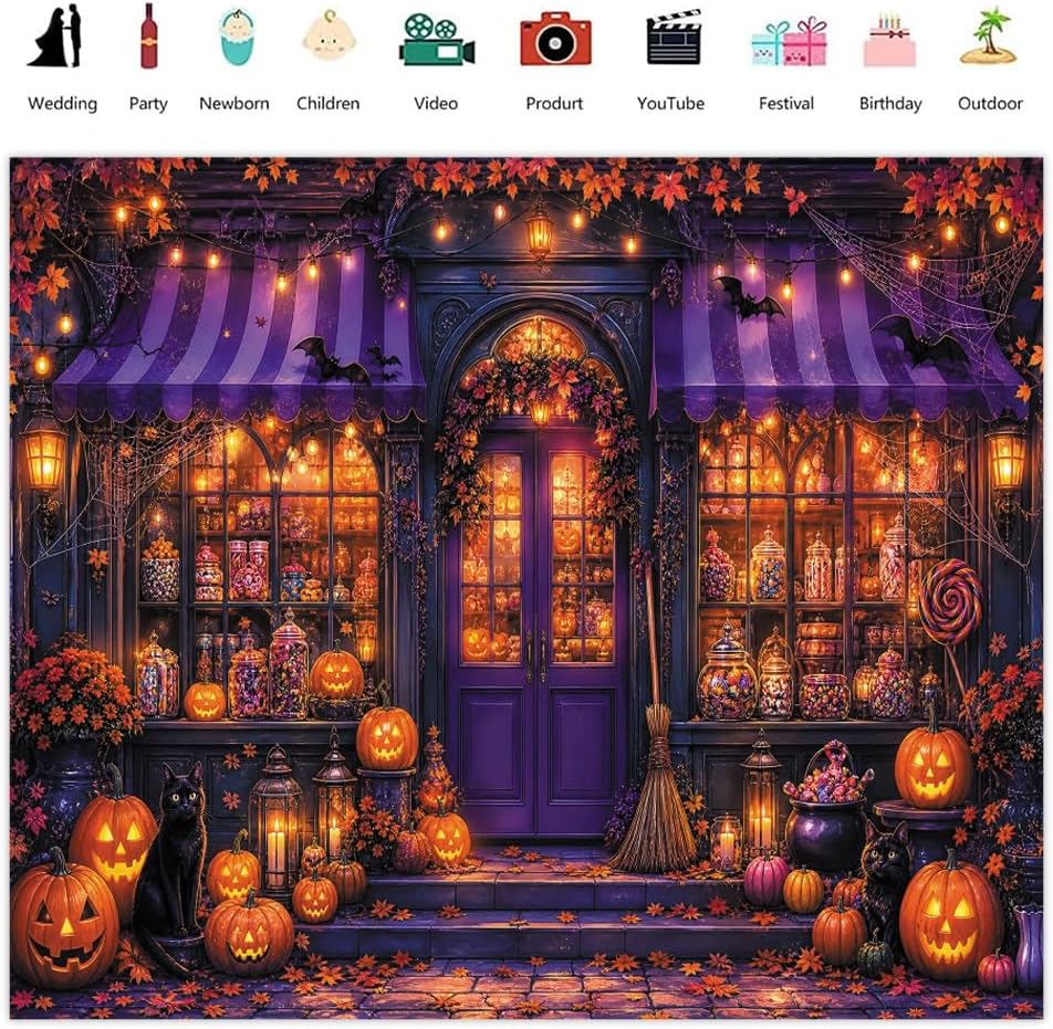 10x8ft Halloween Candy Shop Photography Backdrop Magic Witch Pumpkin Banner