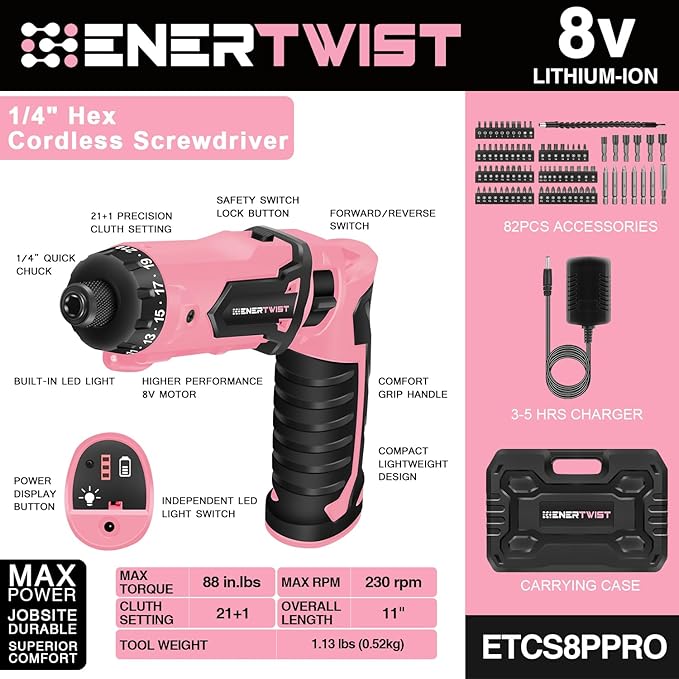 Enertwist Electric Screwdriver, 8V Max 10Nm Pink Cordless Screwdriver