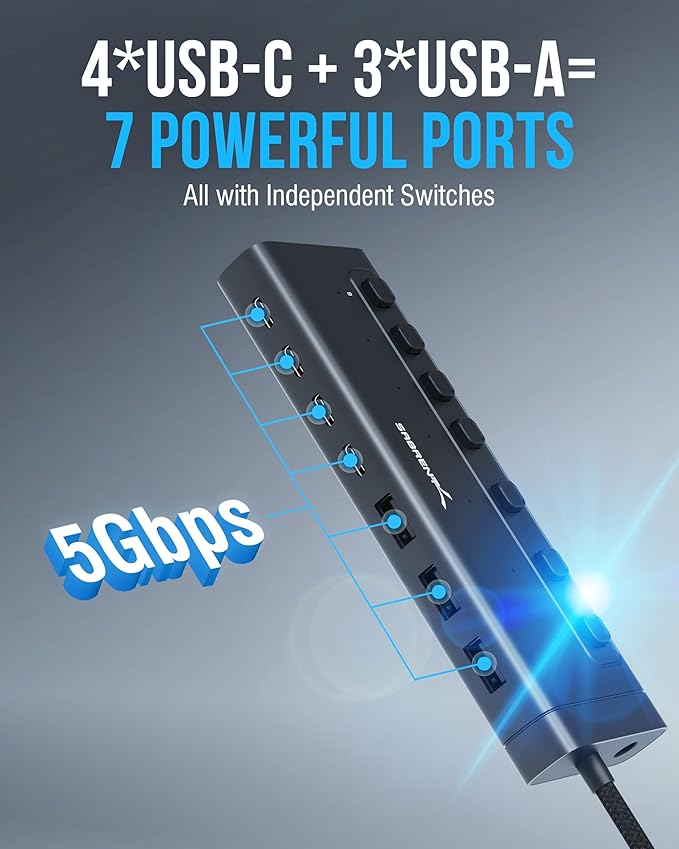SABRENT 7-Port USB-C Hub with Power Switches, 5Gbps USB 3.2, 48W Powered Hub