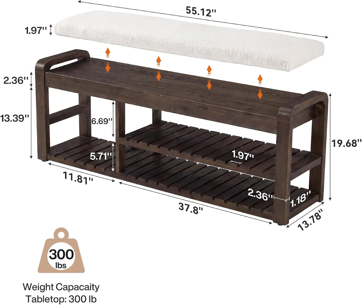55" Shoe Storage Bench with Removable Cushion, 2-Tier Farmhouse Solid Wood Entryway Shoe Rack, End of Bed Storage Upholstered Bench for Hallway, Bedroom, Easy Assembly, Dark Brown