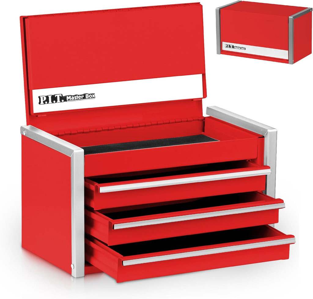P.I.T. Mini Tool Box,3 Drawers Small Metal Toolbox for Tools Storage,Red