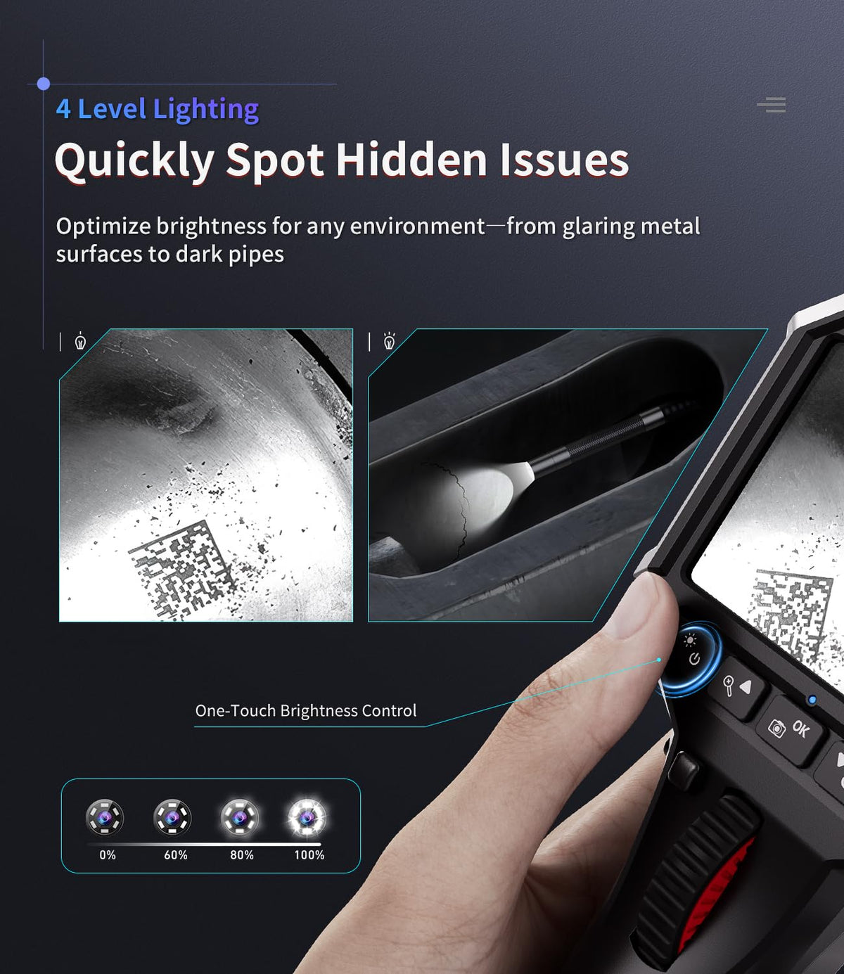ralcam two-way articulating borescope with light, slim probe showing dimensions