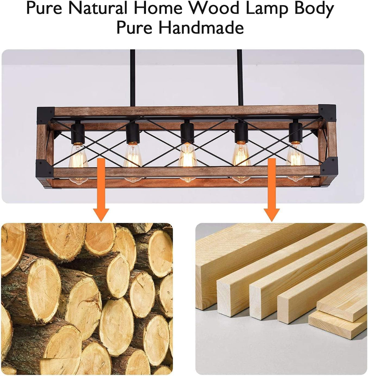 Kitchen Island Lighting, 33.5-Inch 5 Lights Farmhouse Linear Chandelier for Dining Room Pool Table Pendant Light Fixture, Rustic Wood Grain Finish, Industrial Pendant Light