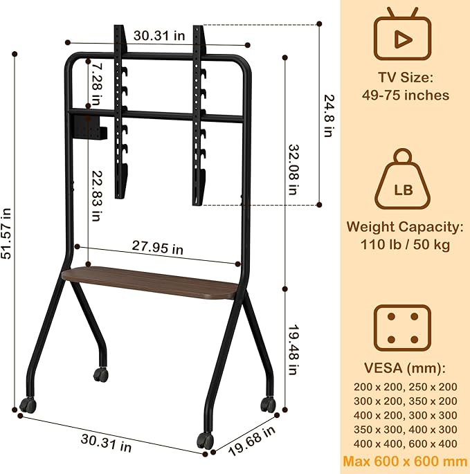 CVDF Rolling TV Stand for 49-75 Inch LCD LED OLED Flat/Curved Panel Screen TVs