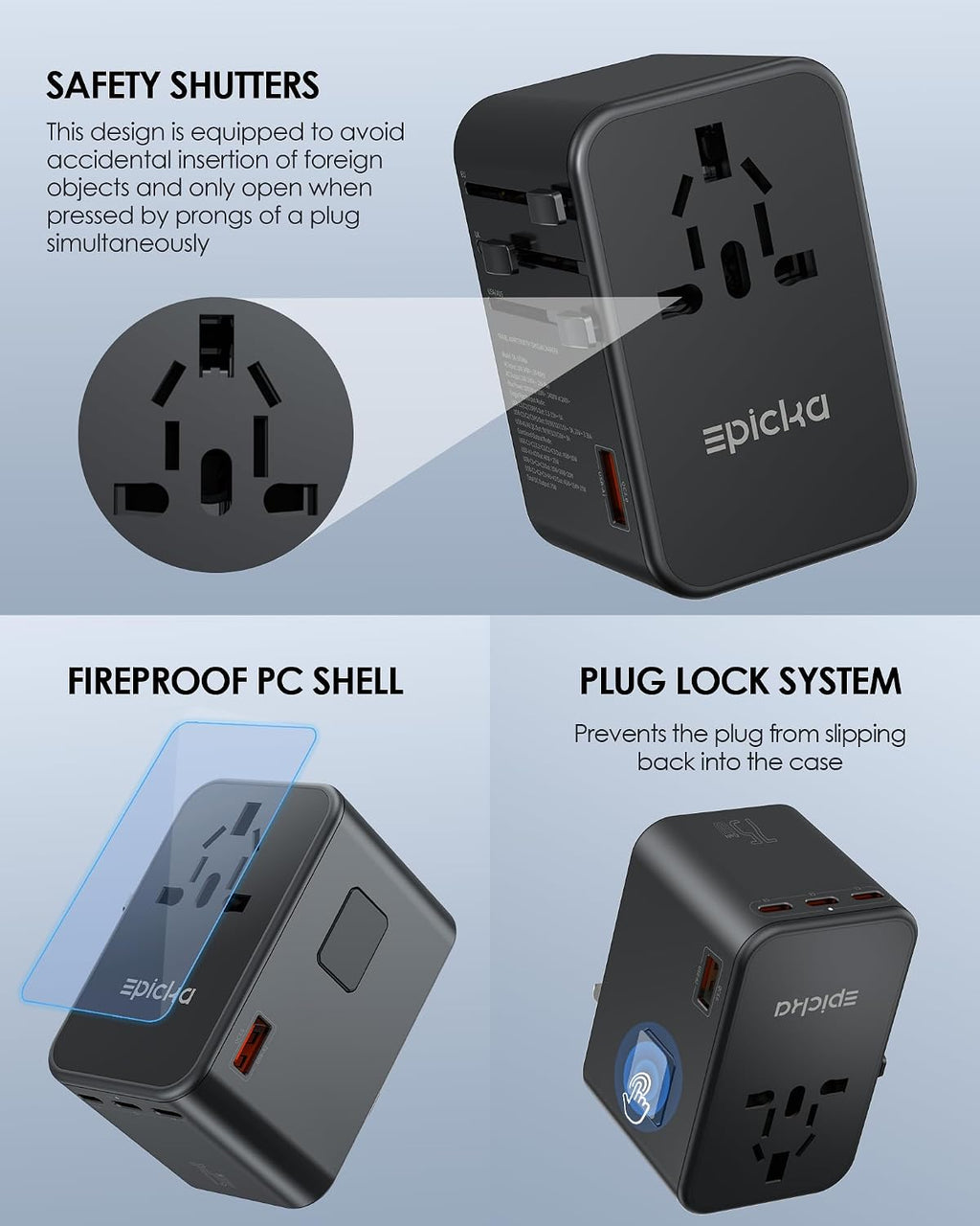 EPICKA 75W GaN PD Universal Travel Adapter, 3USB-C/2USB-A | International Power Adapter for EU/US/UK/AU, Fast Charging for Multi-Device Travel, TA-105 Max, Black