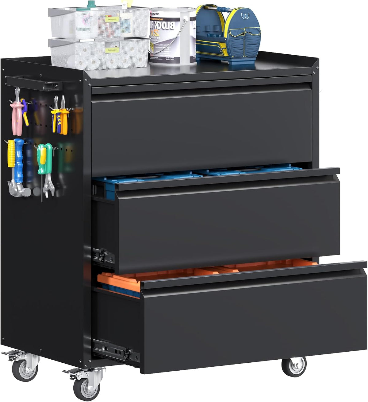 35.5" Rolling Tool Cabinet with 3 Drawers and Side Pegboards