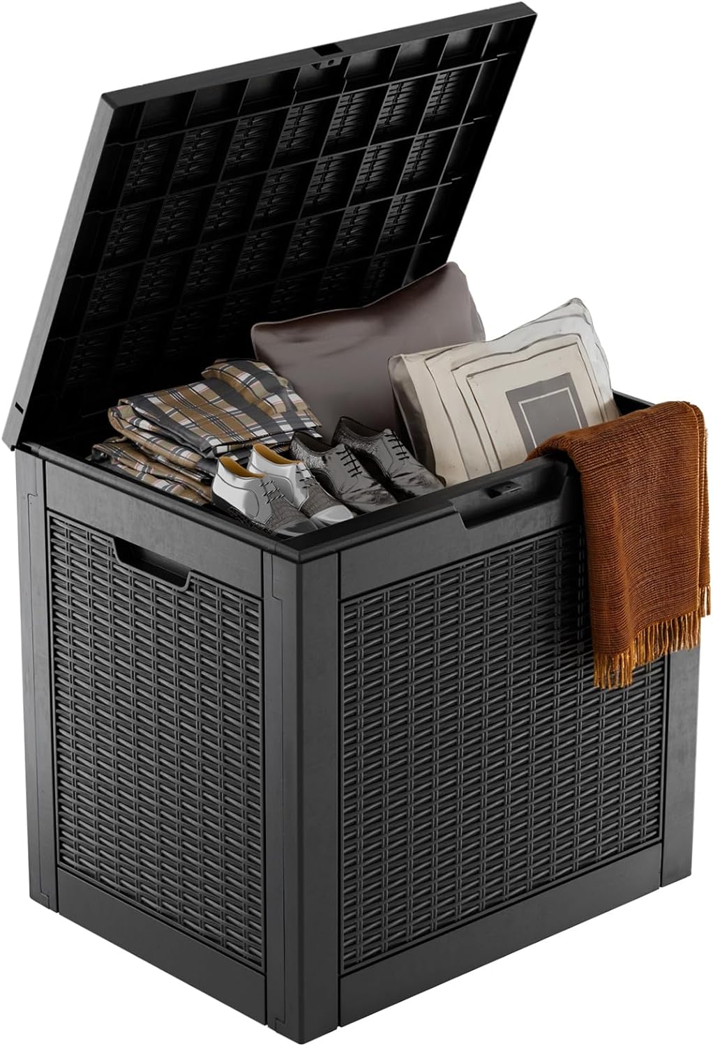PatioZen 31 Gallon Wicker Pattern Resin Deck Box, Lockable Patio Outdoor Storage Box for Furniture, Garden Tools and Tools Storage, Waterproof Outside Storage Box - Black
