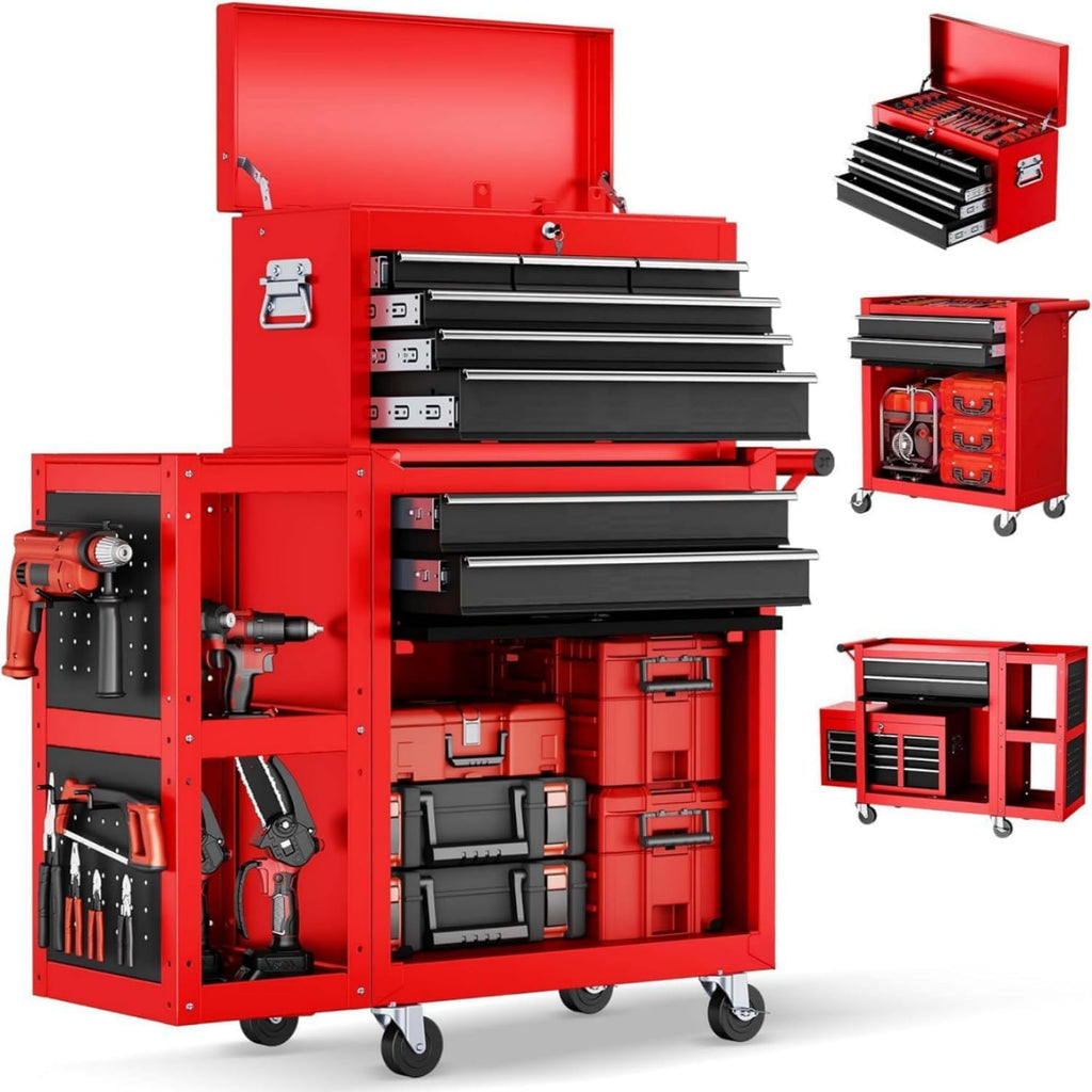 Heavy Duty 8 Drawer Rolling Tool Chest, 3-in-1 Modular Tool Box Set with Detachable 4-Tire Utility Cart, Lockable Workshop Tool Cabinet with Protective Liner for Industrial Warehouse, Red