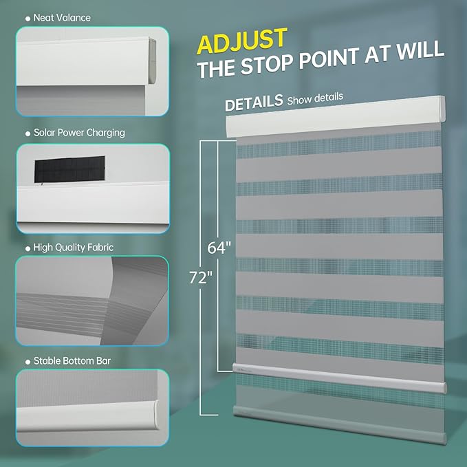 DENFOON Motorized Zebra Blinds, Solar Powered Dual Layer Automatic Shades