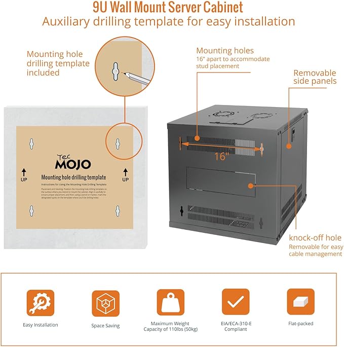 Tecmojo 9U Wall Mount Server Cabinet IT Network Rack Enclosure Lockable Door