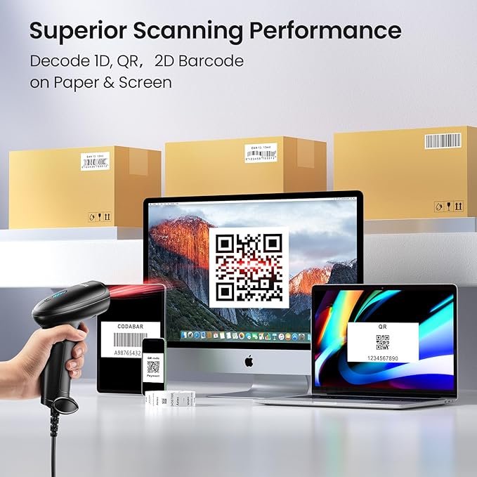 Barcode Scanner with Stand, USB Wired Inventory 2D 1D QR Code Scanner