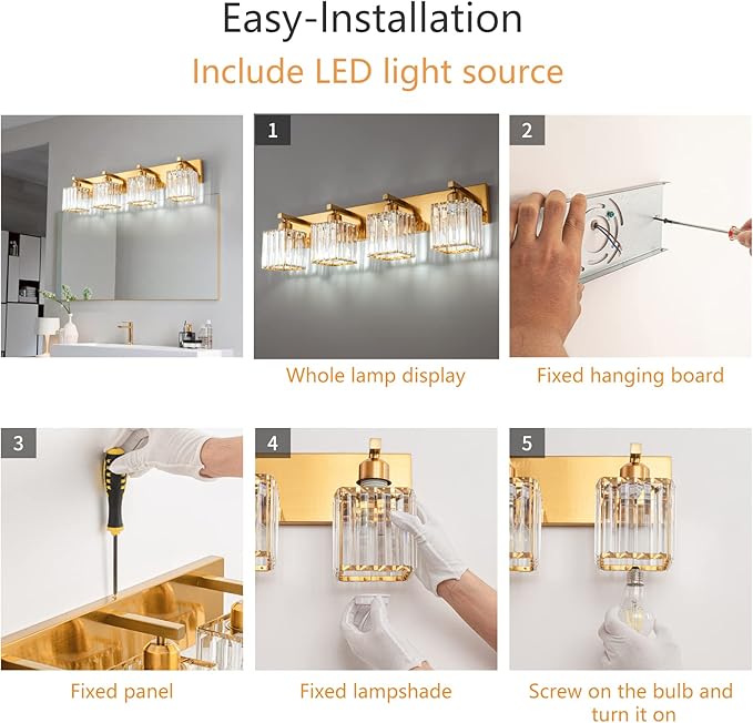 FDPBY Modern Vanity Light 4-Lights Modern Gold Brushed Brass Finish Crystal