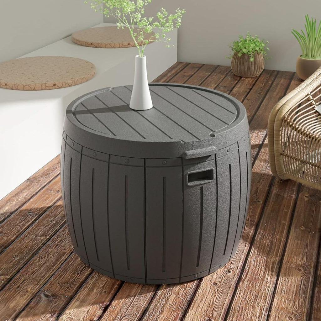 ZZM 33 Gallon Round Deck Box, Patio Side Table for Cushion, Picnic Bucket, Small Bench Seat, All-Weather & Portable, Gray
