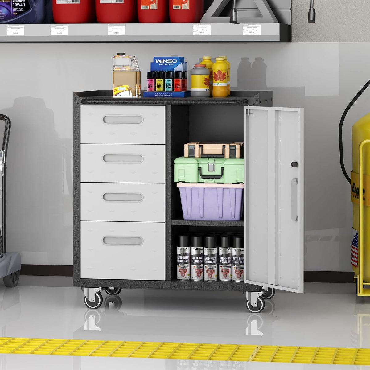 metal storage cabinet for garage, tool cabinet, utility, side view