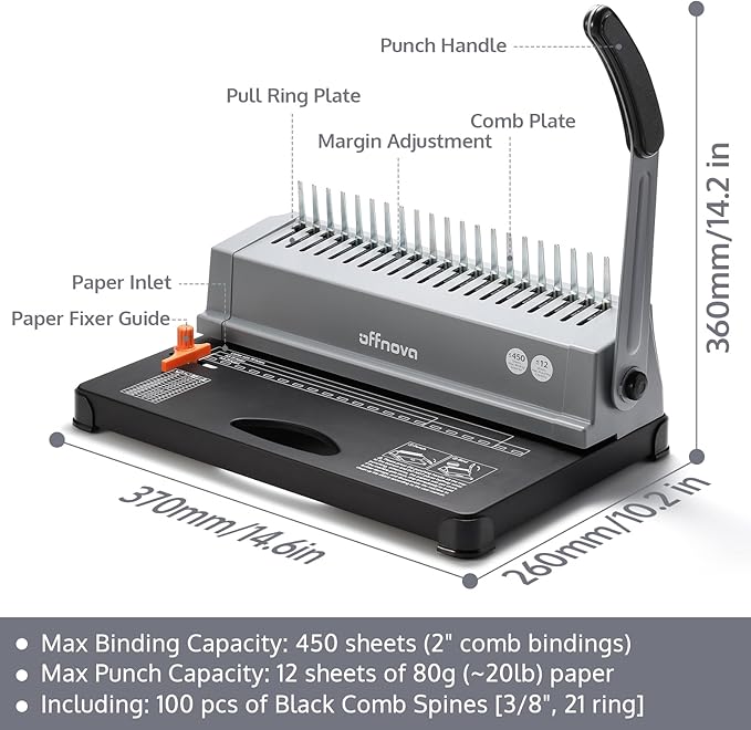 OFFNOVA Binding Machine, 21-Hole 450 Sheets Paper Comb Punch Binder Machine