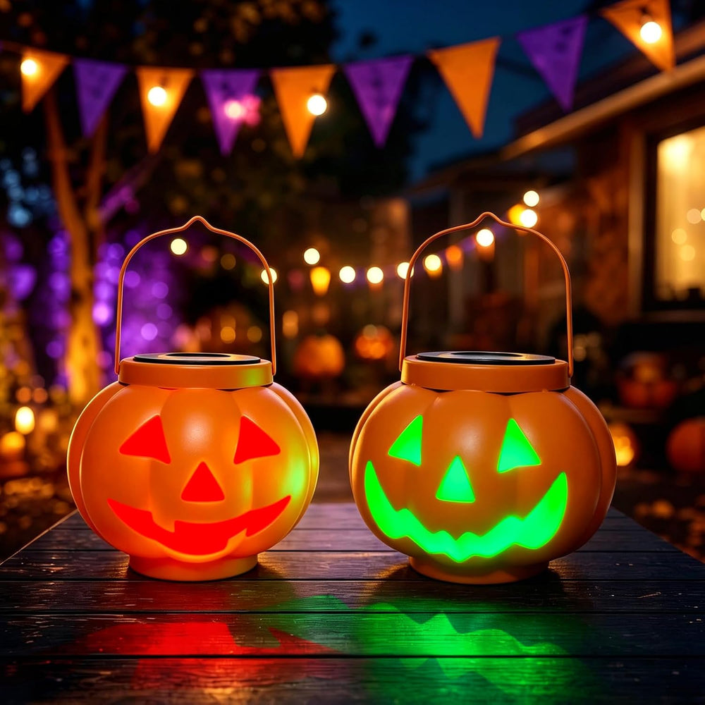 BRIGHTDECK Halloween Pumpkin Solar Lanterns 2 Pack, Jack O Lantern Pumpkin Li...