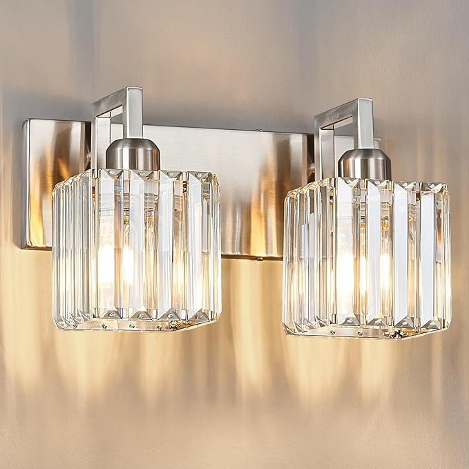 FDPBY Modern Bathroom Vanity Light 2-Lights Brushed Nickel Vanity Light Crystal