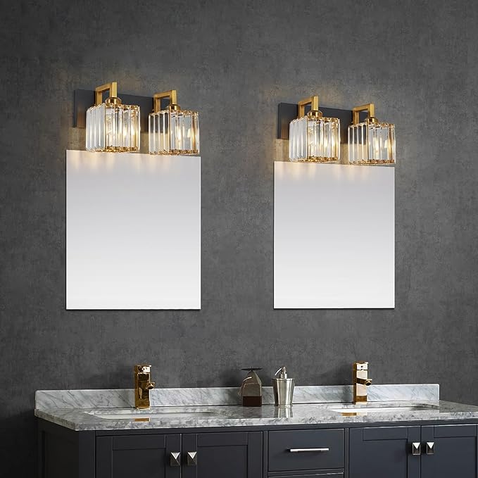 FDPBY Modern Bathroom Vanity Light 2-Lights Black Gold Crystal Wall Lamp