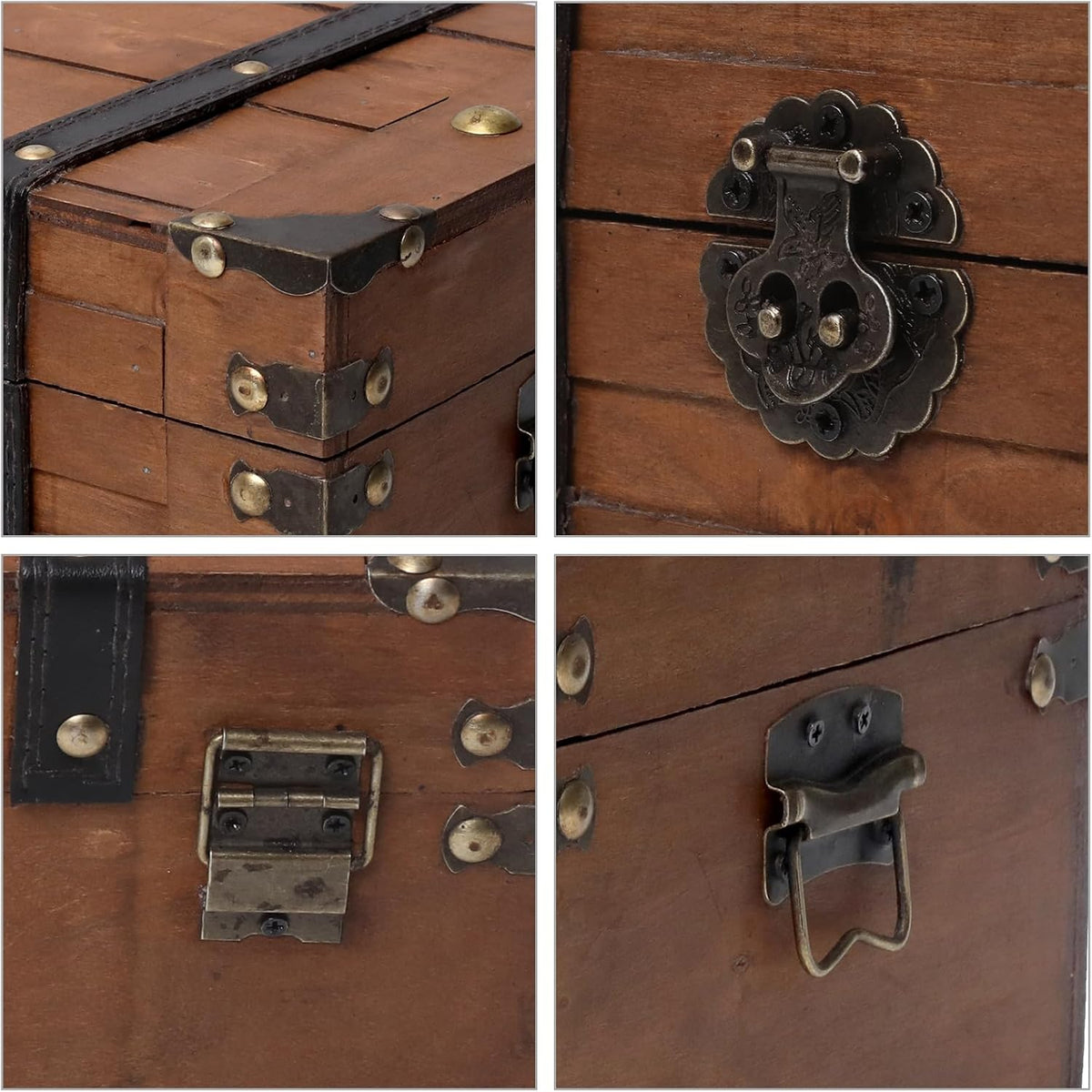 vintage wooden treasure chest - decorative pirate box,11",brown, close-up detail