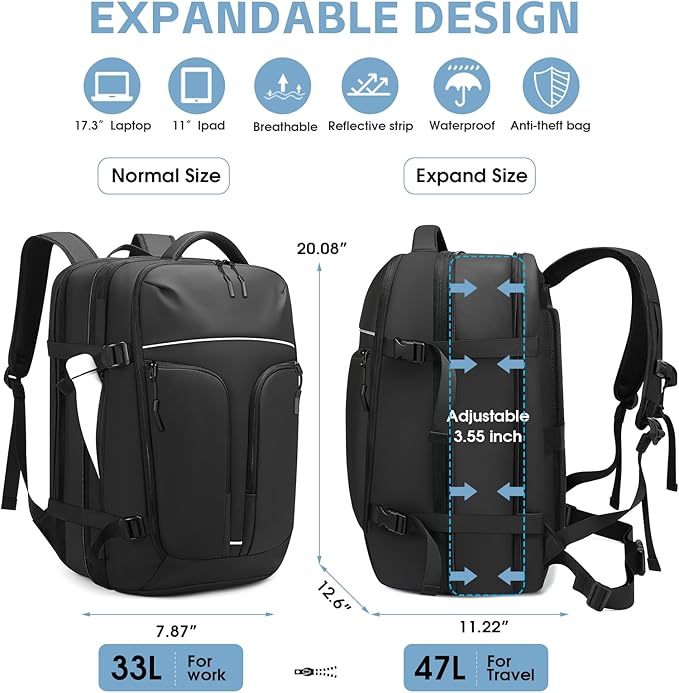 Vacuum Compression Backpack for Travel, 47L Expandable Backpack