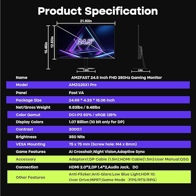 Amzfast 24.5 Inch FHD 280Hz/240Hz Gaming Monitor, 1ms Adaptive Sync, 10 Bit