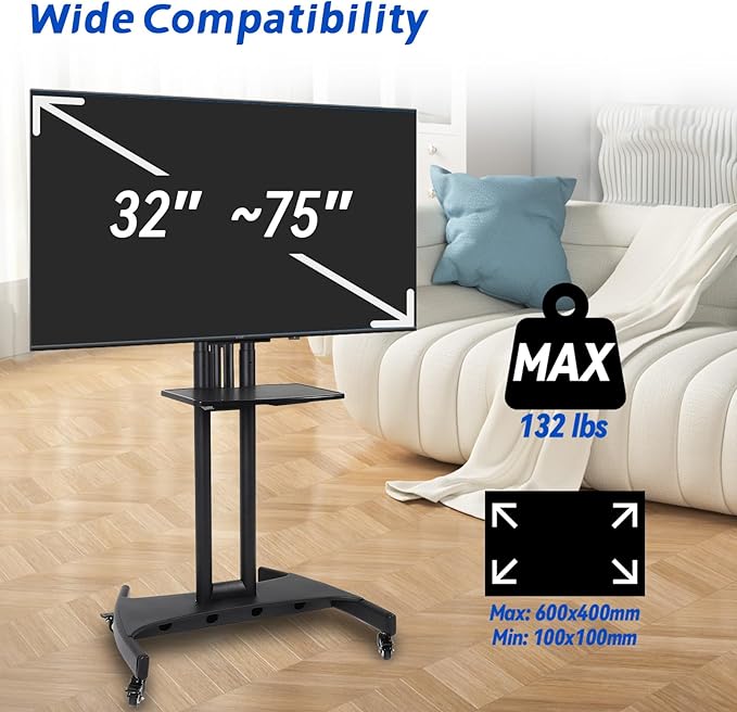 GCCSJ Rolling TV Stand with Adjustable Shelf，Portable TV Stand on Wheels