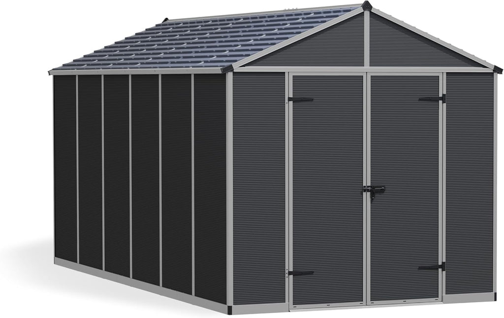 Palram - Canopia Rubicon 8' x 15' x 8' Backyard Outdoor Storage Shed, Gray